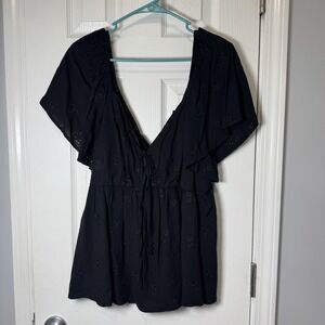 Torrid Black Peplum Challis Tie-Back Eyelet Babydoll Top Size 1 (US 1x) NWT